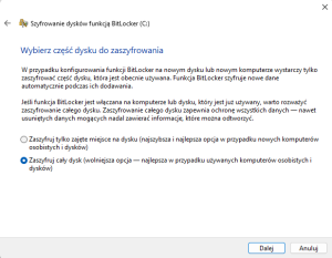Wybieranie części dysku do zaszyfrowania
