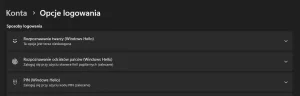 Wybór opcji logowania Microsoft Hello